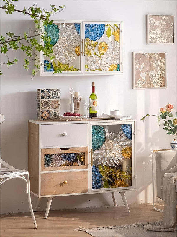 Retro Furniture Pastoral Hand Painted Glass Storage Multi-purpose Sideboard Dining Room Wooden Sideboard