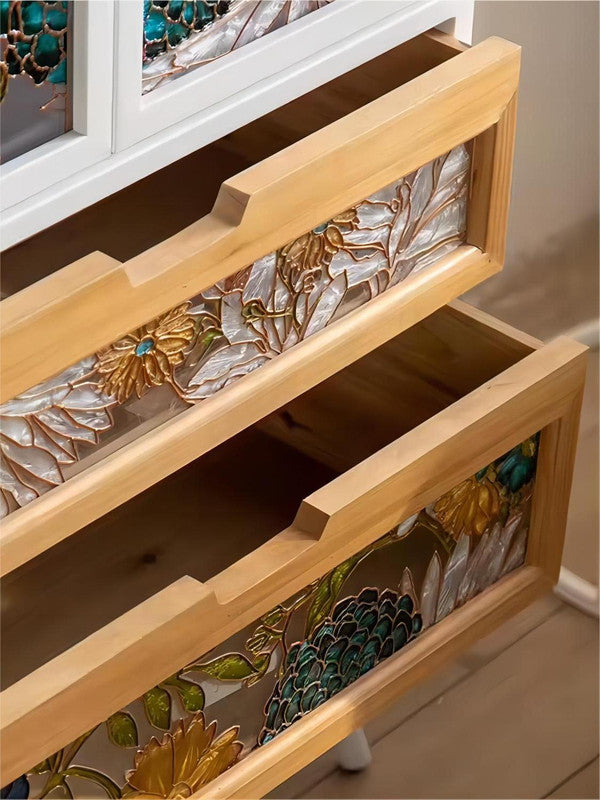 Living Room Modern Entryway Cabinet Retro Accent Cabinet with Colorful Glass 2 Doors and Drawers