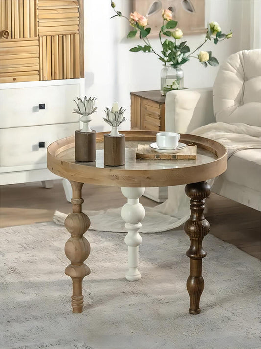 New Design Rustic Retro Farmhouse Home Decor Carved Top Table Round Solid Wood Dining End Coffee Table with 3 Legs