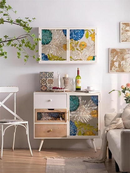 Retro Furniture Pastoral Hand Painted Glass Storage Multi-purpose Sideboard Dining Room Wooden Sideboard