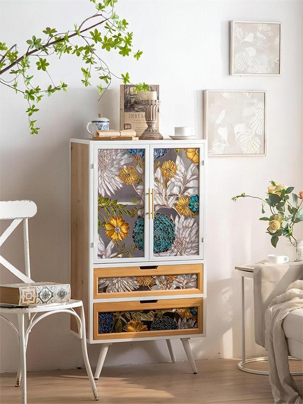 Living Room Modern Entryway Cabinet Retro Accent Cabinet with Colorful Glass 2 Doors and Drawers